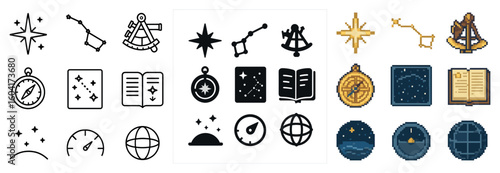 Astronomy solid icons set – celestial, isometric, night sky symbols