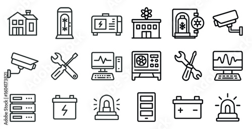 Home security and maintenance icons set – linear, outline, protection symbols