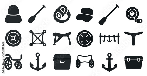 Camping and adventure silhouette icons set – solid, equipment, nature symbols