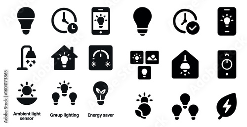 Smart home silhouette icons set – lighting, energy, automation symbols