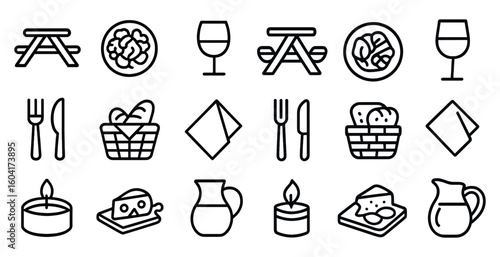 Dining and restaurant outline icons set – flatware, food, table essentials