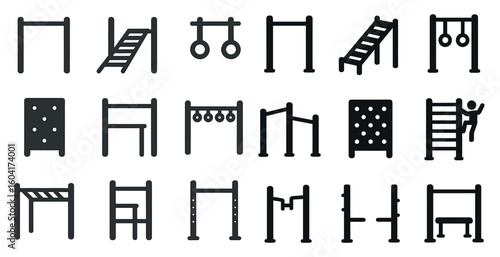 Outdoor fitness silhouette icons set – flat, filled, exercise and gym symbols