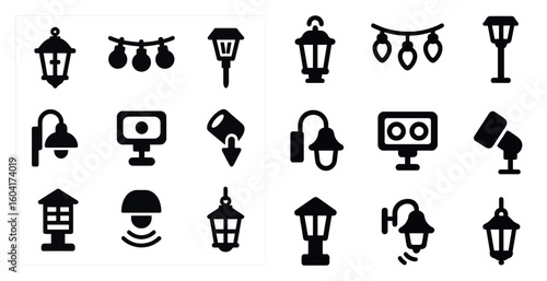 Outdoor lighting silhouette icons set – solid, filled, lamp and lantern symbols