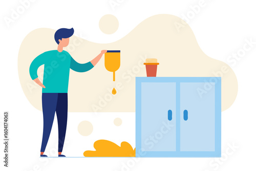 Man spilling yellow liquid from container near cabinet