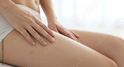 Wallpaper Mural Woman gently touching her smooth legs, showcasing healthy skin and beauty, perfect for skincare and cosmetic advertisements. Torontodigital.ca