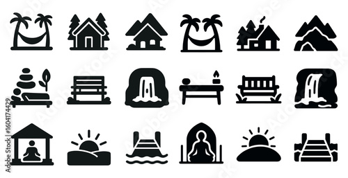 Nature and relaxation solid icons set – filled, silhouette, wellness and spa symbols