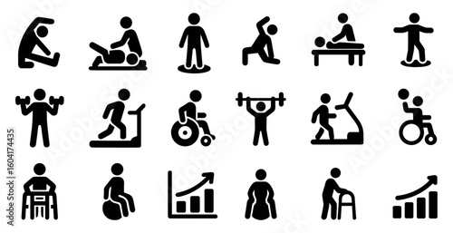 Fitness and exercise icons set – solid, filled, workout and health symbols