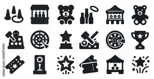 Carnival game icons set – silhouette, filled, amusement and fairground symbols