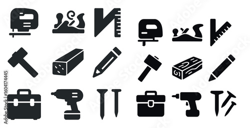 Construction and tools solid icons set – filled, silhouette, building essentials