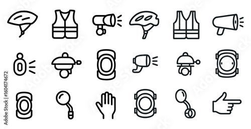 Safety gear line icons set – outline, linear, security and protective equipment symbols
