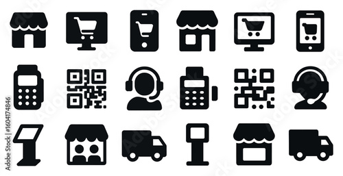E-commerce and shopping solid icons set – filled, retail, online store designs