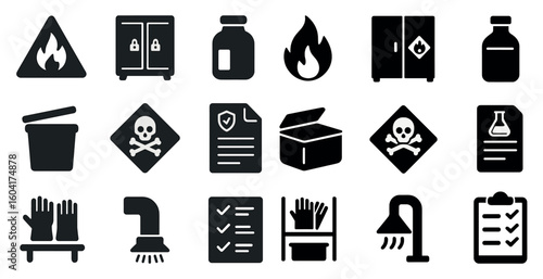Safety and hazard solid icons set – fire, warning, protection symbols
