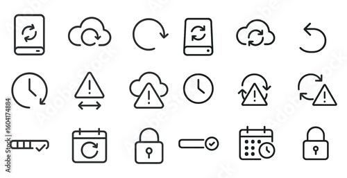 Cloud and data sync icons set – outline, linear, update and security symbols