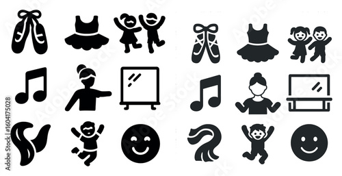 Ballet and dance solid icons set – silhouette, music symbols, performing arts icons