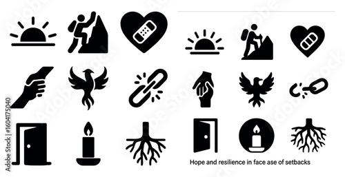 Resilience and hope solid icons set – filled, courage, inspiration symbols