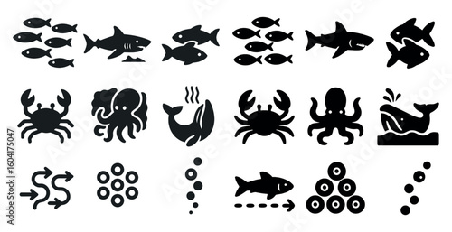 Marine life silhouette icons set – ocean, sea, aquatic creature symbols