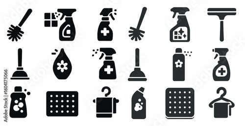 Cleaning tools solid icons set – housekeeping, hygiene, sanitation symbols