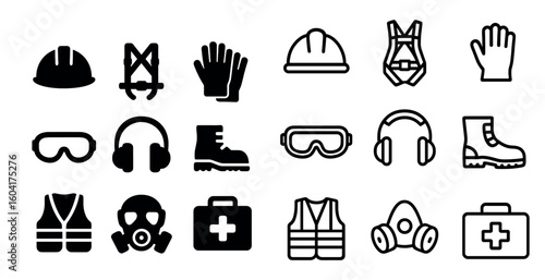 Safety and construction linear icons set – solid, filled, protective gear symbols