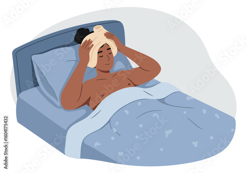 An unwell person rests in bed, holding a cool compress to their forehead for relief.