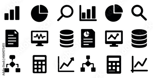 Business and data analysis solid icons set – finance, charts, statistical symbols
