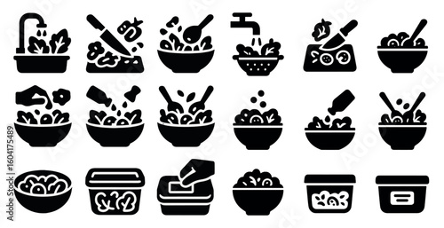 Cooking and kitchen solid icons set – silhouette, food prep and culinary symbols
