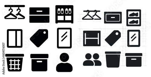 Home organization solid icons set – tidy, storage, decluttering symbols