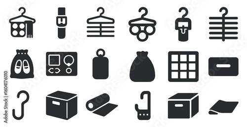 Laundry and home solid icons set – minimal, filled, organization and storage graphics