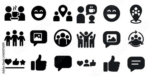 Social interaction solid icons set – silhouette, filled, communication and connection symbols
