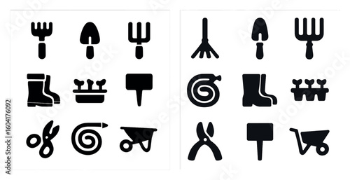 Gardening tools icons set – solid, silhouette, horticulture and landscaping graphics