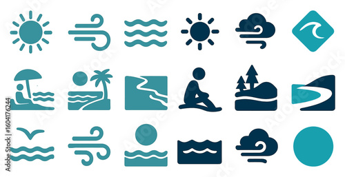 Nature and recreation icons set - silhouette, outdoors, adventure symbols