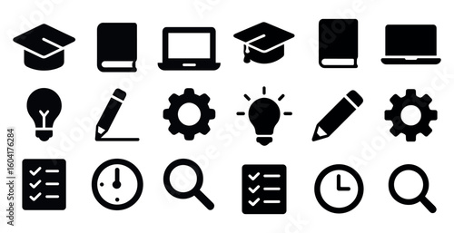 Education and learning solid icons set – filled, academic, school symbols