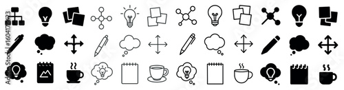 Business and creativity outline icons set – linear, design, brainstorming symbols