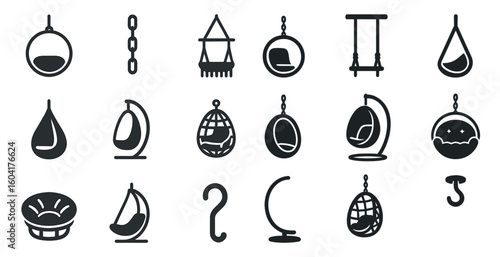 Hanging chair silhouette icons set – stylish interior, modern furniture symbols