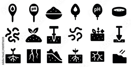 Soil testing filled icons set – solid, agriculture, ph measurement symbols