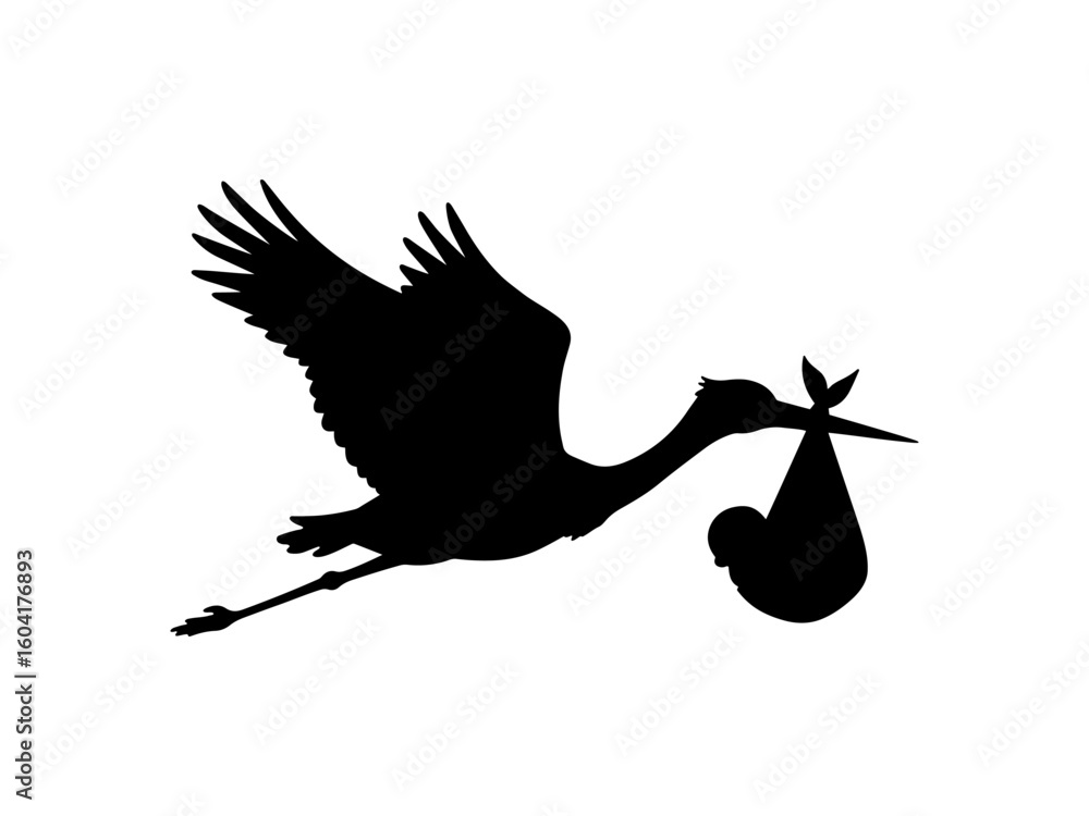 Obraz premium Stork flying with baby silhouette vector flat illustration design.