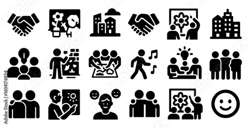 Community engagement solid icons set – filled, teamwork, collaboration symbols