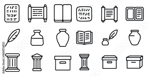 Ancient history outline icons set – linear, silhouette, cultural and historical symbols
