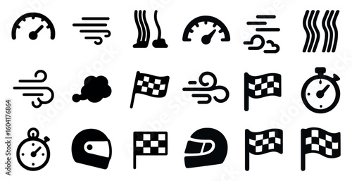 Car race solid icons set – silhouette, speed, motorsport and racing symbols