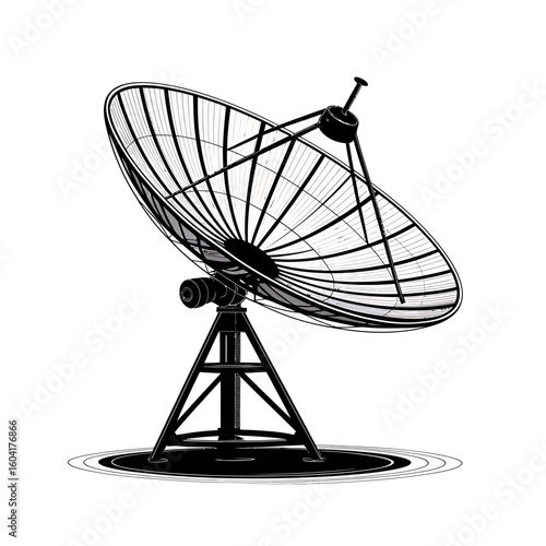Black and white illustration of a satellite dish antenna for telecommunications and broadcasting with geometric design and modern technology