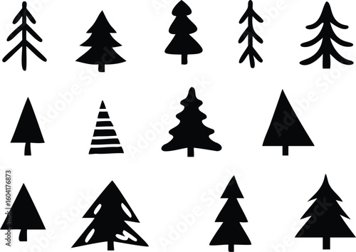 Black and White Illustration Collection of Ten Simple, Stylized Christmas Trees