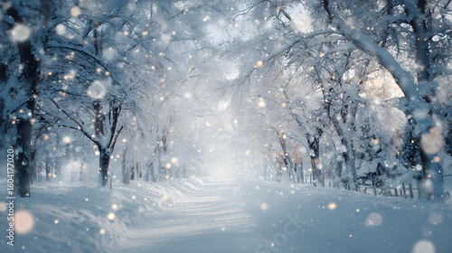 A snowy path through a winter wonderland with trees heavily laden with snow and sparkling bokeh lights