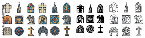 Gothic architecture icons set – pixel art, stained glass, church symbols