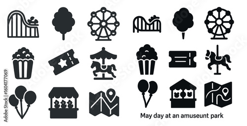 Amusement park solid icons set – silhouette, filled, theme park and fun symbols
