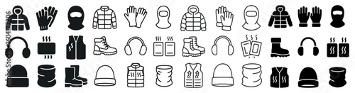 Winter wear silhouette icons set – cold weather, clothing, accessories symbols