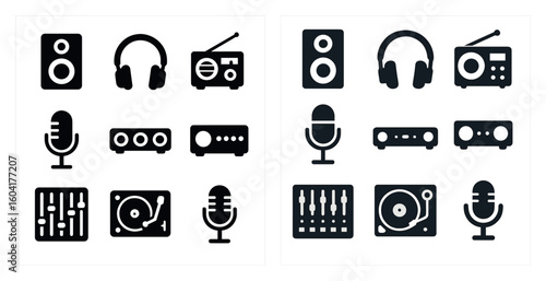 Audio and music silhouette icons set – flat, filled, sound and equipment symbols