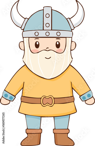 Cute cartoon Viking character, wearing a helmet and traditional attire.