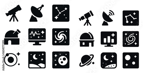 Astronomy and space solid icons set – celestial, filled, cosmic imagery symbols