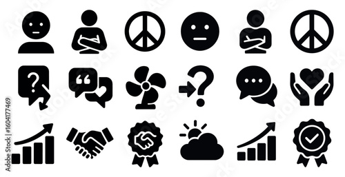 Business and communication solid icons set – filled, silhouette, professional symbols