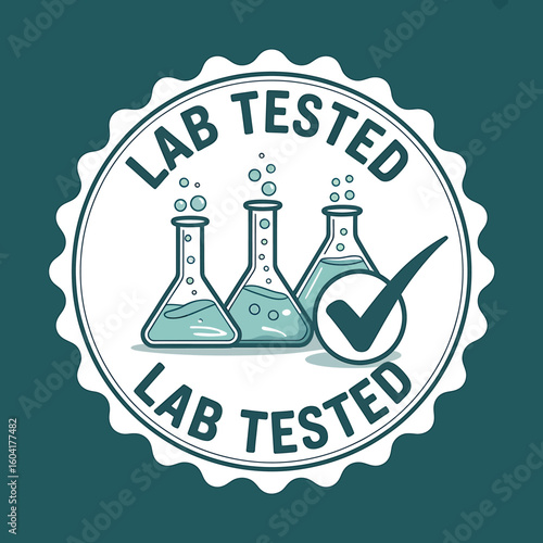 Lab Tested Seal Badge with Beakers and Bubbles signifying quality and assurance in science and research processes