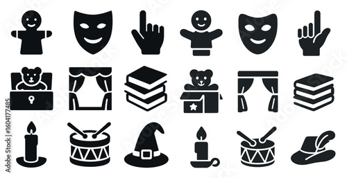 Theater and performance icons set - solid, filled, drama and stage symbols